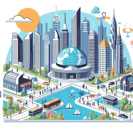 Modern city landscape with skyscrapers and business centers. Vector illustrationのイラスト素材