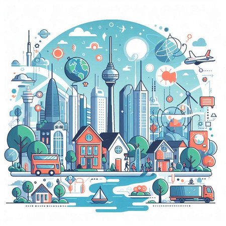 Cityscape with buildings, roads, trees and attractions. Vector illustration.のイラスト素材