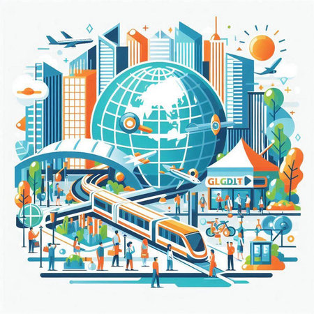 Vector illustration of a modern city with people, trains and buildings.のイラスト素材