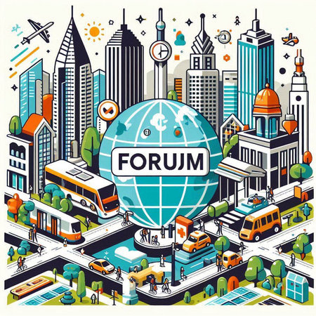 Vector isometric illustration of the city with buildings, roads and people.のイラスト素材