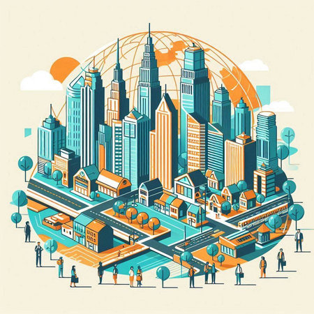 Modern city with skyscrapers and buildings. Vector illustration in retro style.のイラスト素材