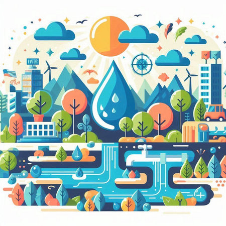 Ecology concept. City landscape with water drop. Vector illustration.のイラスト素材