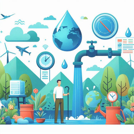 Save water concept vector illustration. Cartoon man character standing near water pipes, watering can, windmills, solar panels, world map, planet earth and clock.のイラスト素材