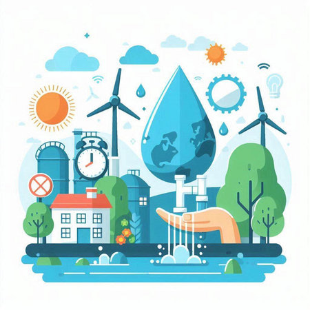 Ecology concept. Vector illustration in flat style with water drop, wind turbines, solar panels, windmills, house, trees, sun.のイラスト素材