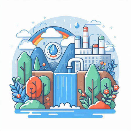 Industrial landscape with factory and waterfall. Vector illustration in flat styleのイラスト素材