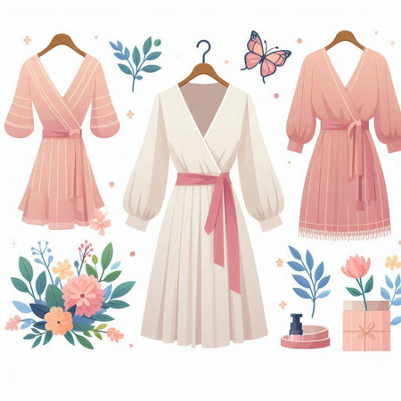 Wedding dress set. Vector illustration of a wedding dress.のイラスト素材