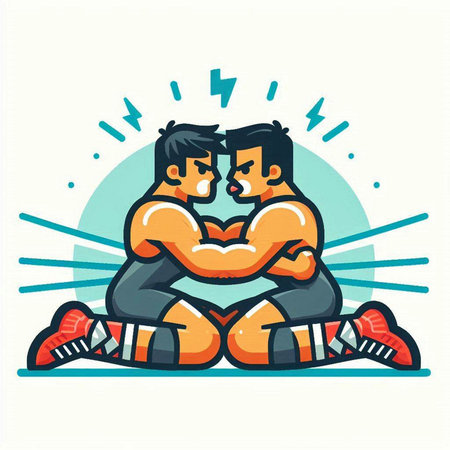 Vector illustration of two strong men in sportswear sitting and hugging each other.のイラスト素材
