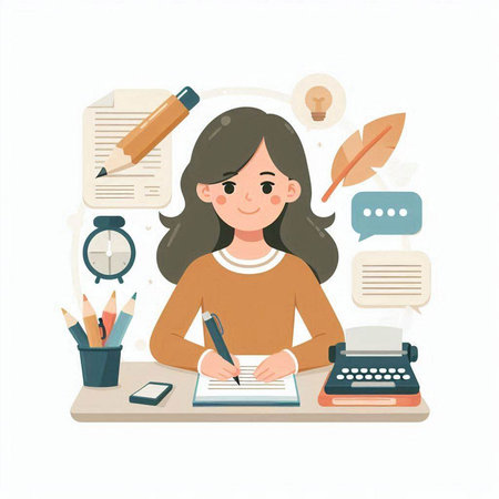 Girl writing in notebook at desk. Vector illustration in flat style.のイラスト素材