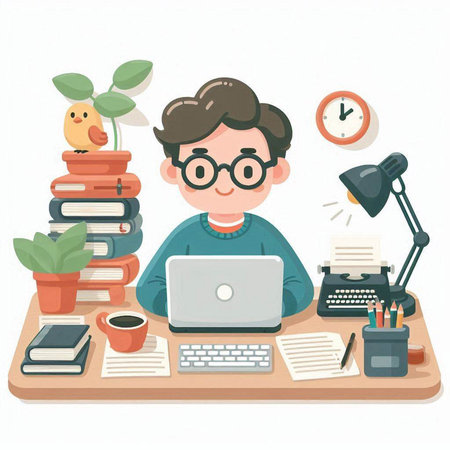 Boy working at his desk. Vector illustration in a flat style.のイラスト素材