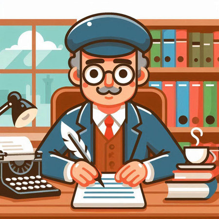 Retro style illustration of an old writer sitting at his desk in his officeのイラスト素材