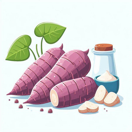 Illustration of sweet potato with salt shaker on white background.のイラスト素材