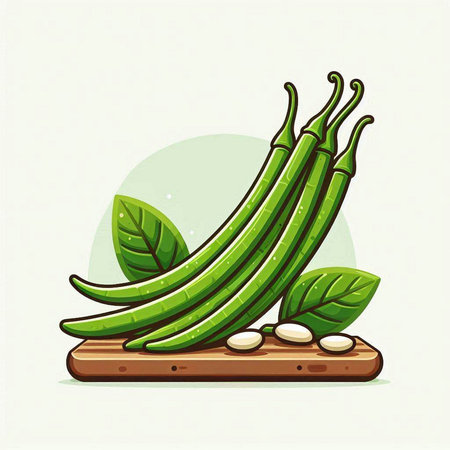 Green beans on a wooden board. Vector illustration of green beans.のイラスト素材