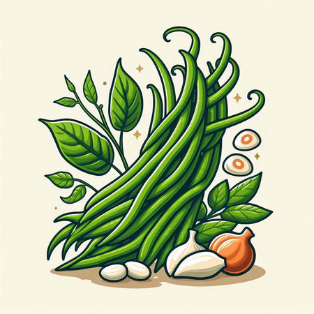 Vector illustration of green beans, garlic, onion, pepper and parsleyのイラスト素材