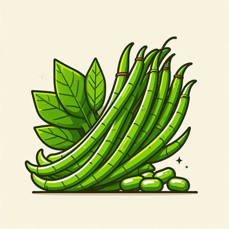 Illustration of a bunch of green beans on a light background.のイラスト素材