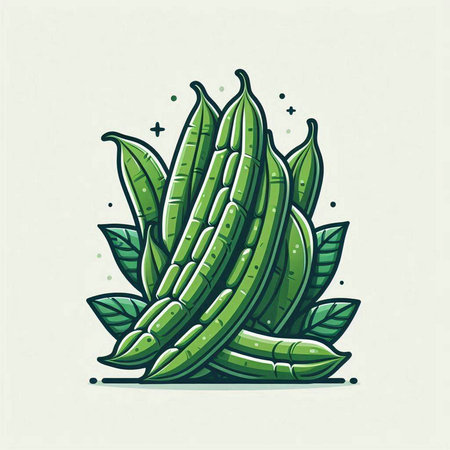 Illustration of fresh green beans with leaves in cartoon style. Vector illustration.のイラスト素材