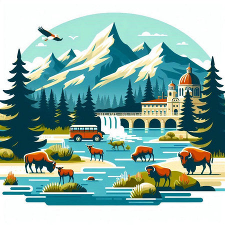 Landscape with mountains, lake, forest and cows. Vector illustration.のイラスト素材