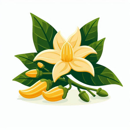 Illustration of a tropical yellow flower with green leaves on a white backgroundのイラスト素材