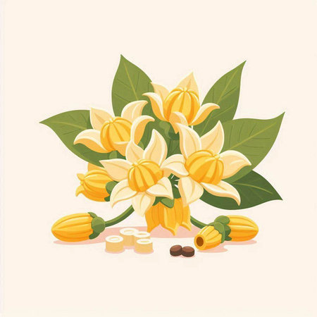 Coffee beans with leaves and flowers. Vector illustration for your designのイラスト素材