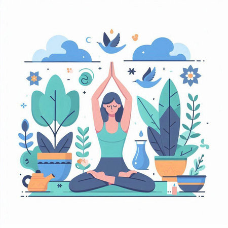 Yoga in nature. Vector illustration in a flat style. The concept of healthy lifestyle.のイラスト素材
