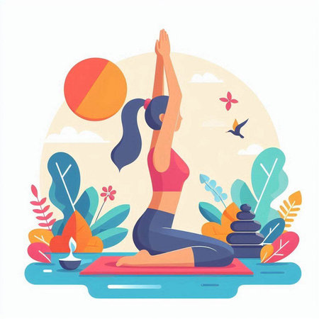 Woman practicing yoga. Healthy lifestyle concept. Vector illustration in flat styleのイラスト素材