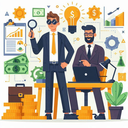 Businessman and businesswoman working on laptop in office. Vector flat illustrationのイラスト素材