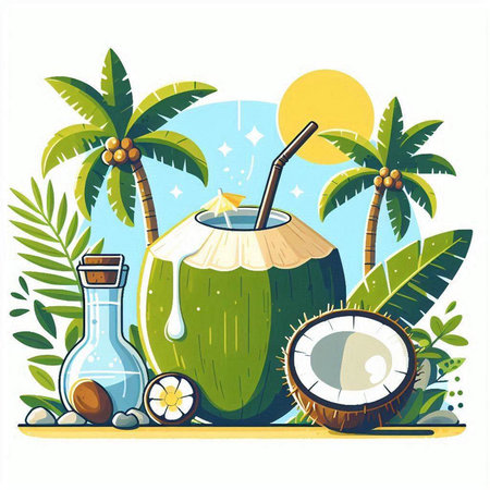 Coconut drink with coconut leafs on the beach, vector illustrationのイラスト素材