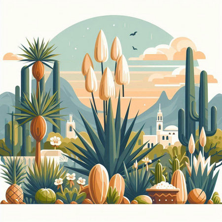 Desert landscape with cacti and flowers. Vector illustration.のイラスト素材