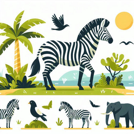 Zebra vector illustration in flat style with palm trees, birds and plantsのイラスト素材