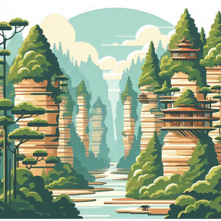 Buddhist temple in the mountains. Vector illustration in retro style.のイラスト素材