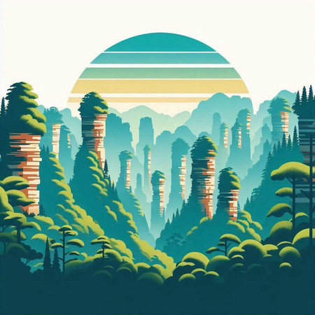 Fantasy landscape with mountains, forest and sun. Vector illustration.のイラスト素材