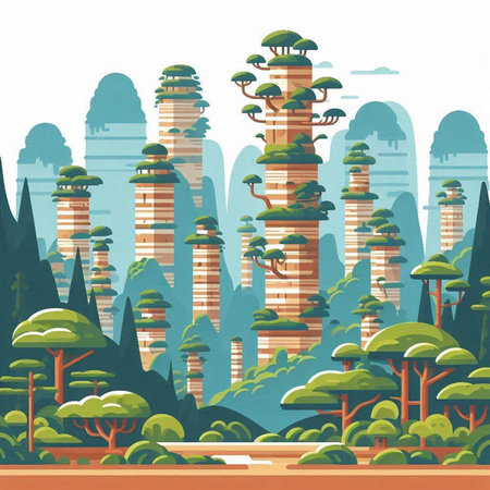 Fantasy landscape with trees and skyscrapers. Vector illustration.のイラスト素材