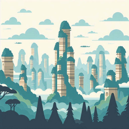 Landscape with skyscrapers and mountains. Vector illustration in retro style.のイラスト素材