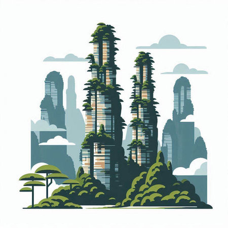 Modern city with skyscrapers and green trees. Vector illustration.のイラスト素材