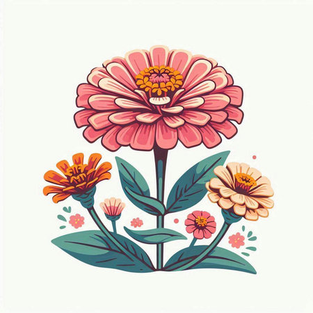 Zinnia flower. Hand drawn vector illustration in cartoon style.のイラスト素材
