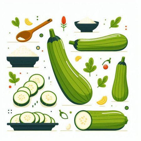 Zucchini and ingredients for cooking. Flat style vector illustration.のイラスト素材