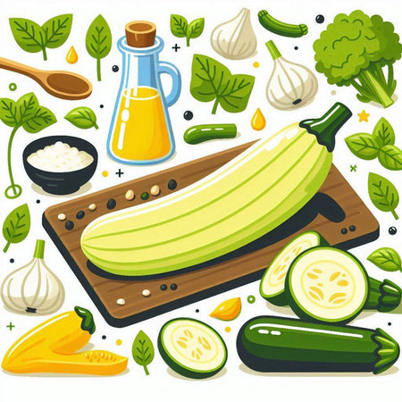 Zucchini and ingredients for cooking. Vector illustration in cartoon style.のイラスト素材