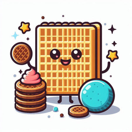 Vector illustration of a cute waffle character holding a candy and a cookieのイラスト素材