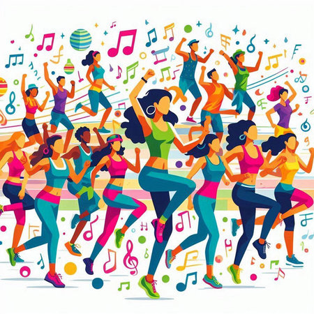 Vector illustration of a group of happy young people dancing and listening to music.のイラスト素材