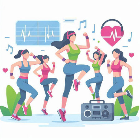 Healthy lifestyle concept. Fitness woman running and listening to music. Vector illustration.のイラスト素材