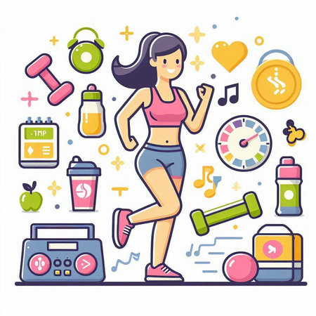 Sporty girl running in the gym, healthy lifestyle, vector illustrationのイラスト素材