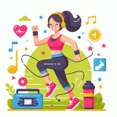 Sporty woman in sportswear jumping on skipping rope, listening to music with headphones. Colorful flat vector illustration.のイラスト素材