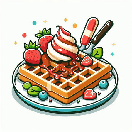 Illustration of a waffle with ice cream and strawberries on a plateのイラスト素材