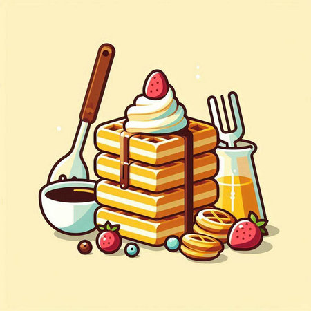 Vector illustration of waffles with whipped cream, strawberries and honey.のイラスト素材