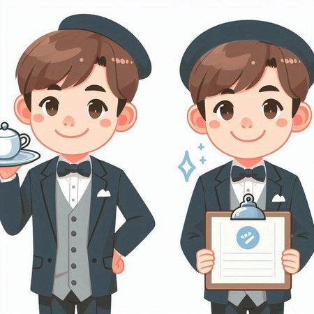 Vector illustration of a waiter and waiters holding a clipboard with a menuのイラスト素材