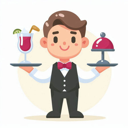 Cute cartoon waiter holding a tray of cocktails. Vector illustration.のイラスト素材