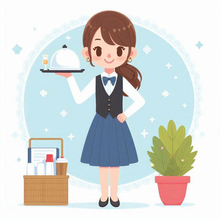 Waitress holding a tray with food and service, vector illustration.のイラスト素材