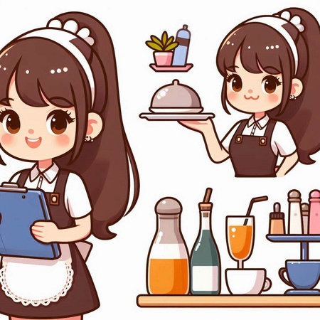 Cute maids in uniform with a set of objects for serviceのイラスト素材
