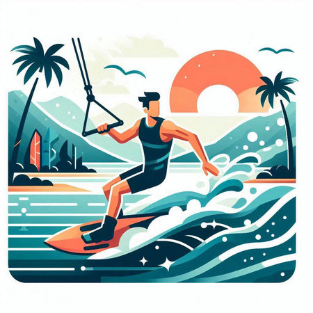 Surfer on the surfboard. Vector illustration in flat style.のイラスト素材
