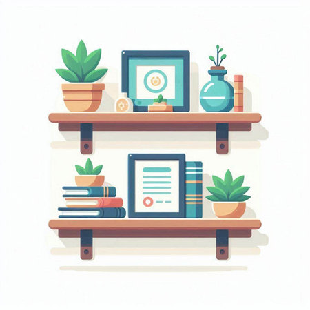 Bookshelf with books and plants. Flat design vector illustration.のイラスト素材