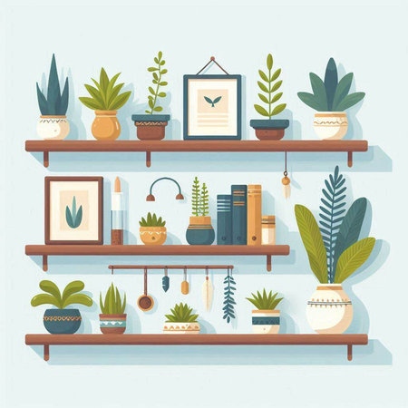Wooden shelves with home plants. Vector illustration in flat style.のイラスト素材